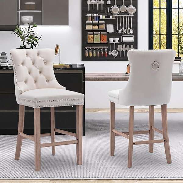 JETEAGO Bar Stools Set of 2, 25-inch Seat Height Velvet Upholstered Bar Stool for Kitchen Island, Counter Stools with Nailhead Trim, Beige - Image 2
