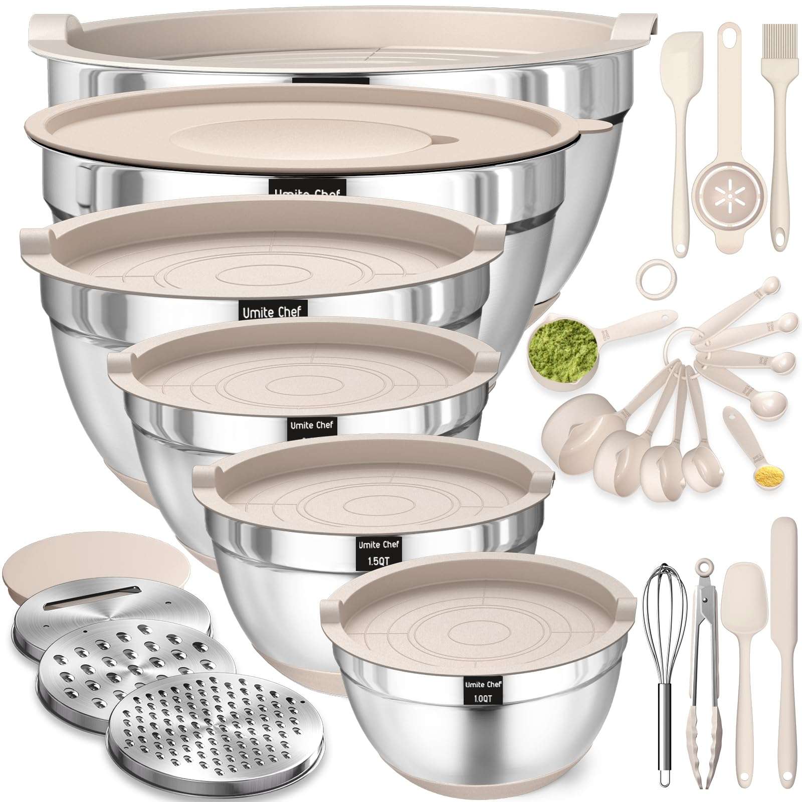 Mixing Bowls with Airtight Lids Set, 26PCS Stainless Steel Khaki Bowls with Grater Attachments, Non-Slip Bottoms & Kitchen Gadgets Set, Size 7, 4, 2.5, 2.0,1.5, 1QT, Great for Mixing & Serving - Image 1