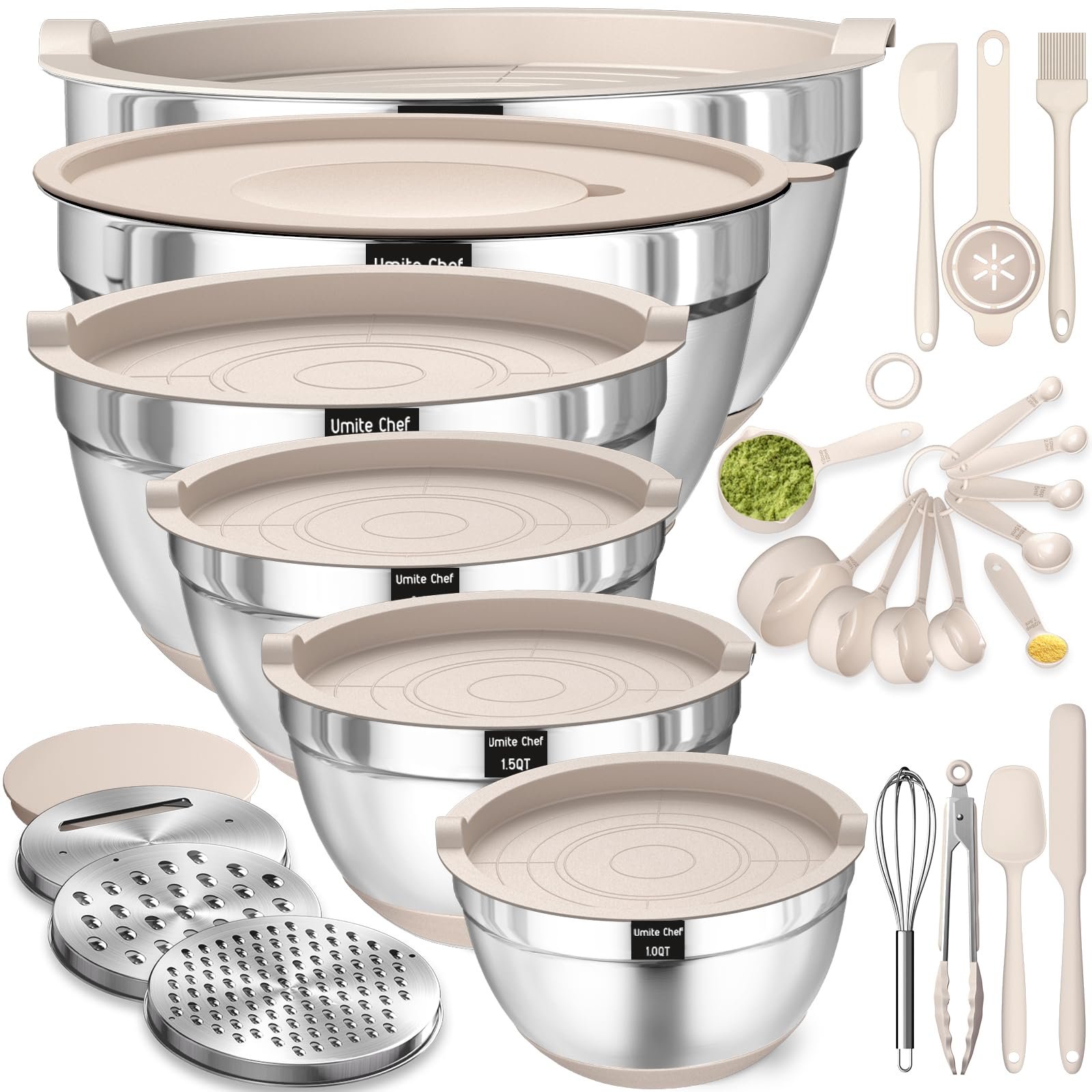 Mixing Bowls with Airtight Lids Set, 26PCS Stainless Steel Khaki Bowls with Grater Attachments, Non-Slip Bottoms & Kitchen Gadgets Set, Size 7, 4, 2.5, 2.0,1.5, 1QT, Great for Mixing & Serving - Product Image