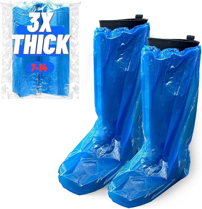 Large Thicker Boot And Shoe Covers Disposable Non-Slip 50 Pack (25 Pairs) Waterproof Durable Reusable Rain, Outdoor Indoors Overshoes, Fit Up To Men's 14, Blue, 20 Tall, Horlon - Product Image