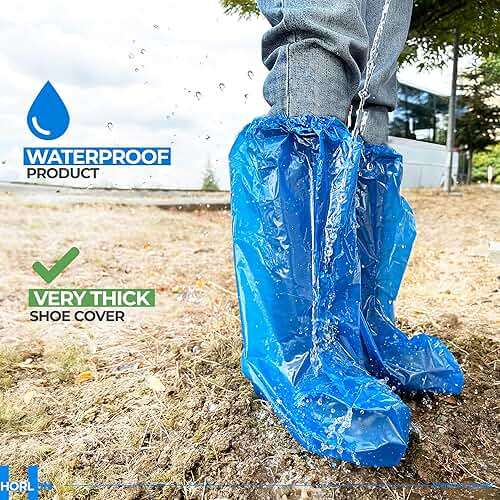 Large Thicker Boot And Shoe Covers Disposable Non-Slip 50 Pack (25 Pairs) Waterproof Durable Reusable Rain, Outdoor Indoors Overshoes, Fit Up To Men's 14, Blue, 20 Tall, Horlon - Image 6