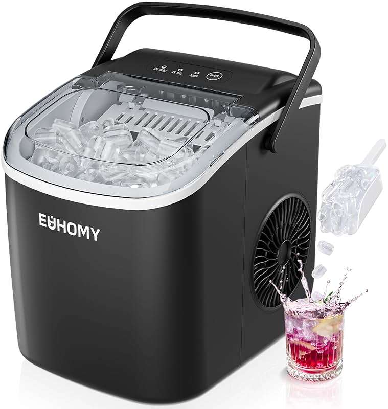 EUHOMY Countertop Ice Maker Machine with Handle, 26lbs in 24Hrs, 9 Ice Cubes Ready in 6 Mins, Auto-Cleaning Portable Ice Maker with Basket and Scoop, for Home/Kitchen/Camping/RV. (Black) - Image 1