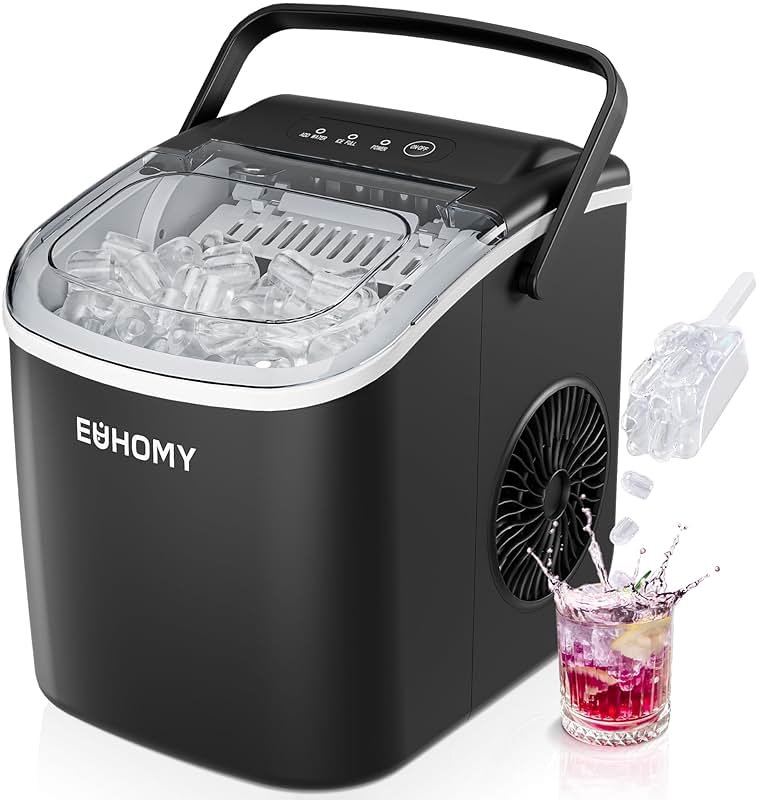 EUHOMY Countertop Ice Maker Machine with Handle, 26lbs in 24Hrs, 9 Ice Cubes Ready in 6 Mins, Auto-Cleaning Portable Ice Maker with Basket and Scoop, for Home/Kitchen/Camping/RV. (Black) - Product Image