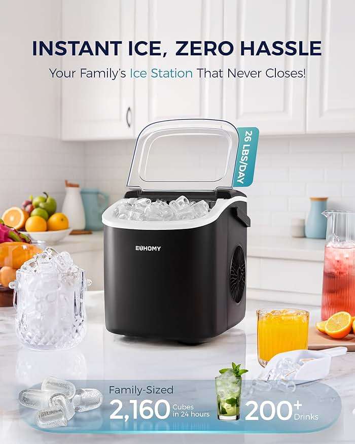 EUHOMY Countertop Ice Maker Machine with Handle, 26lbs in 24Hrs, 9 Ice Cubes Ready in 6 Mins, Auto-Cleaning Portable Ice Maker with Basket and Scoop, for Home/Kitchen/Camping/RV. (Black) - Image 4