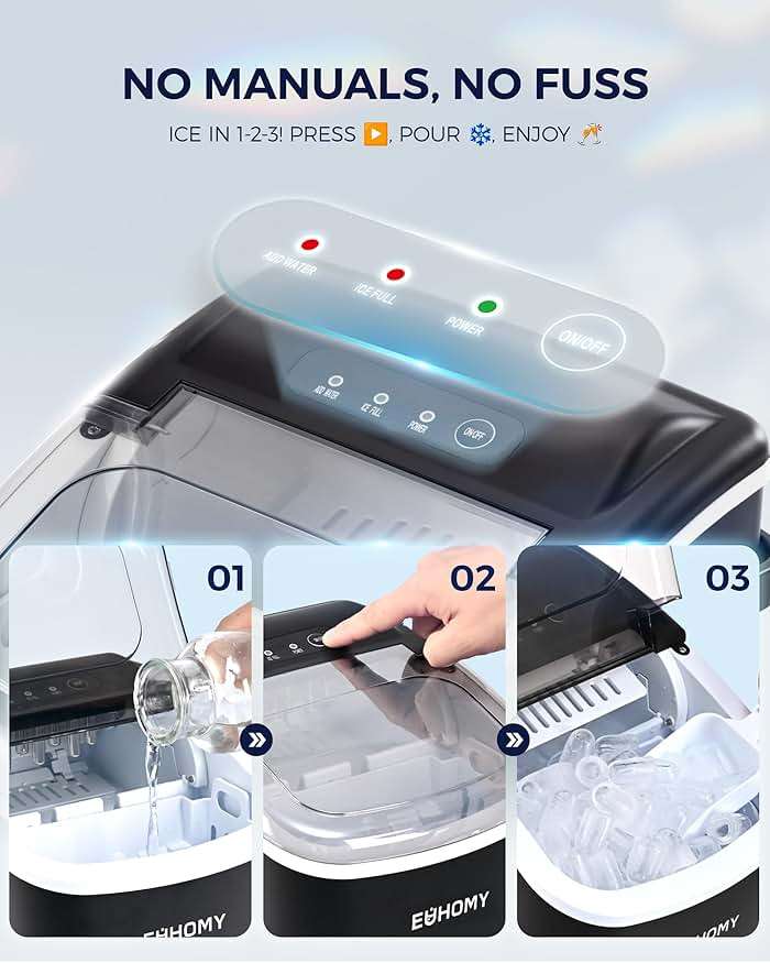 EUHOMY Countertop Ice Maker Machine with Handle, 26lbs in 24Hrs, 9 Ice Cubes Ready in 6 Mins, Auto-Cleaning Portable Ice Maker with Basket and Scoop, for Home/Kitchen/Camping/RV. (Black) - Image 8