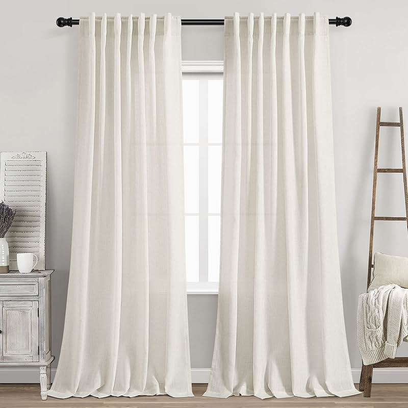 Cream Linen Back Tab Curtains 84 Inch Length for Living Room 2 Panel Set Neutral Modern Farmhouse Window Privacy Semi Sheer Linen Drapes Rustic Pinch Pleated Look Curtain Natural Ivory Colored - Image 1