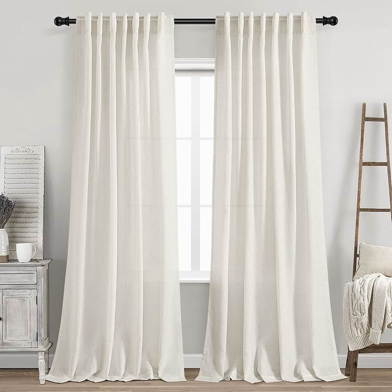 Cream Linen Back Tab Curtains 84 Inch Length for Living Room 2 Panel Set Neutral Modern Farmhouse Window Privacy Semi Sheer Linen Drapes Rustic Pinch Pleated Look Curtain Natural Ivory Colored - Product Image