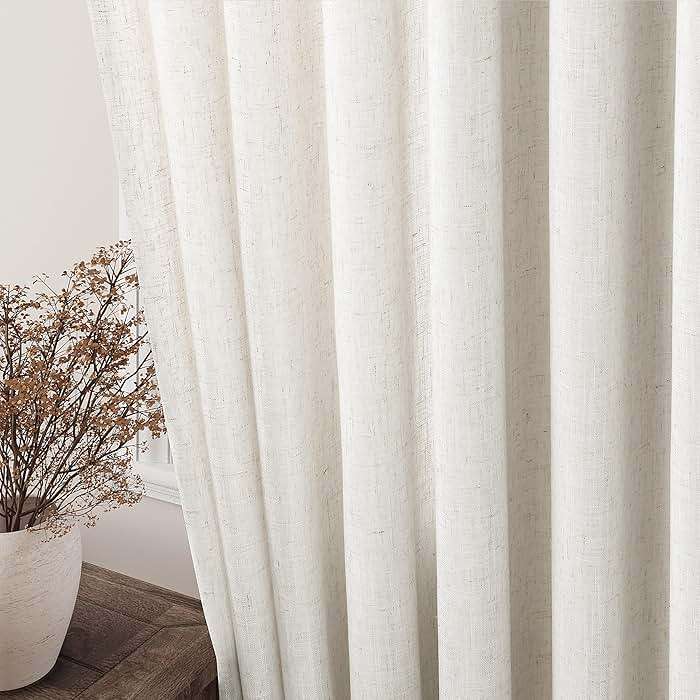 Cream Linen Back Tab Curtains 84 Inch Length for Living Room 2 Panel Set Neutral Modern Farmhouse Window Privacy Semi Sheer Linen Drapes Rustic Pinch Pleated Look Curtain Natural Ivory Colored - Image 2