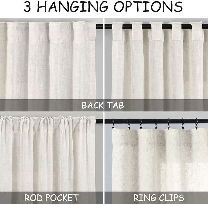 Cream Linen Back Tab Curtains 84 Inch Length for Living Room 2 Panel Set Neutral Modern Farmhouse Window Privacy Semi Sheer Linen Drapes Rustic Pinch Pleated Look Curtain Natural Ivory Colored - Image 3