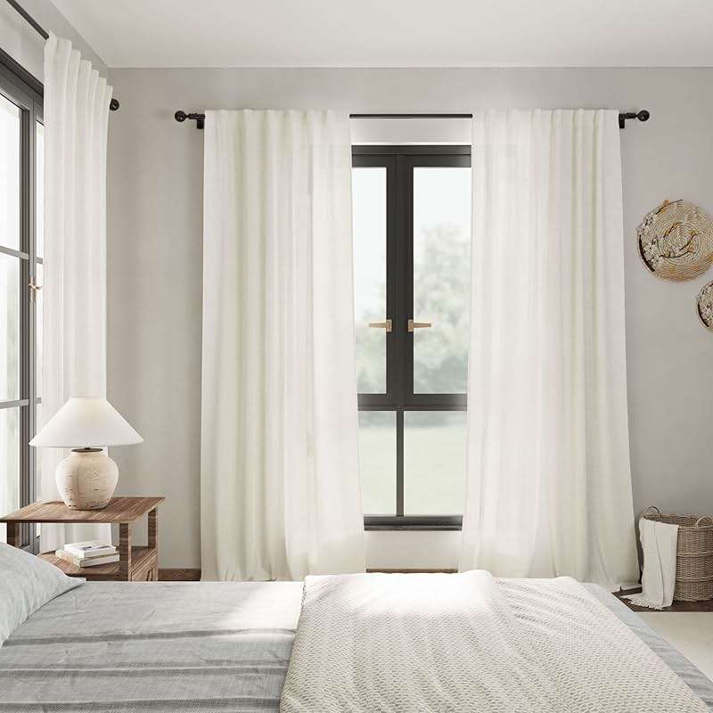 Cream Linen Back Tab Curtains 84 Inch Length for Living Room 2 Panel Set Neutral Modern Farmhouse Window Privacy Semi Sheer Linen Drapes Rustic Pinch Pleated Look Curtain Natural Ivory Colored - Image 7