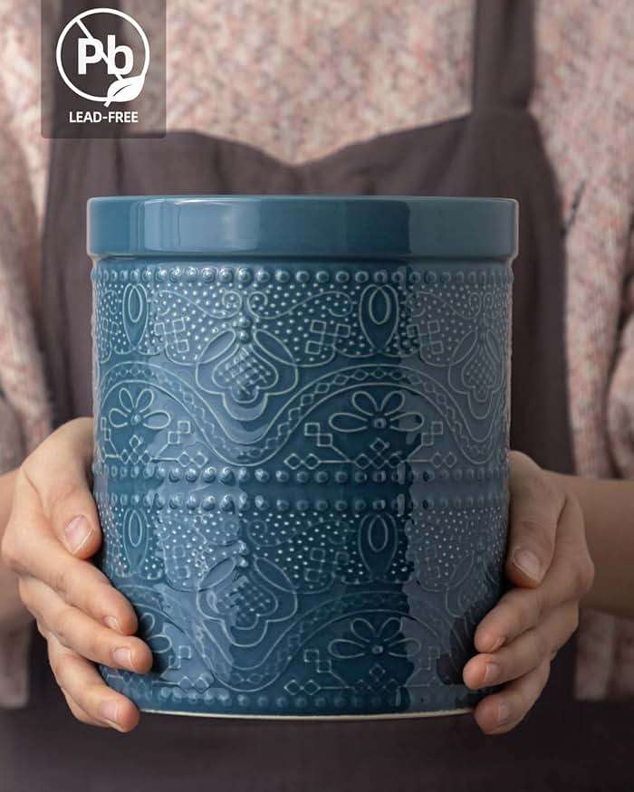 FUN ELEMENTS Kitchen Utensil Holder, 7.2" Super Large Utensil Crock Heavy and Stable Lace Emboss Ceramic Utensil Holder for Kitchen Counter (Grayish Blue) - Image 2