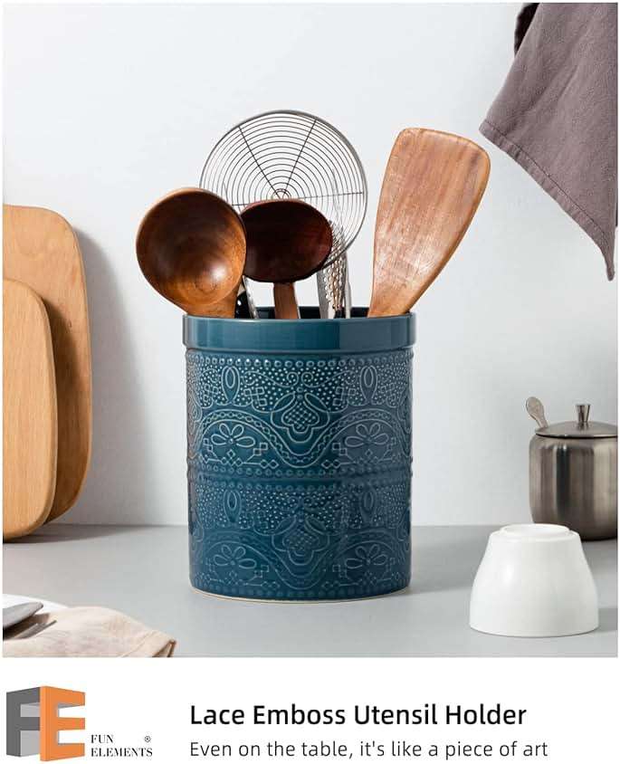 FUN ELEMENTS Kitchen Utensil Holder, 7.2" Super Large Utensil Crock Heavy and Stable Lace Emboss Ceramic Utensil Holder for Kitchen Counter (Grayish Blue) - Image 4