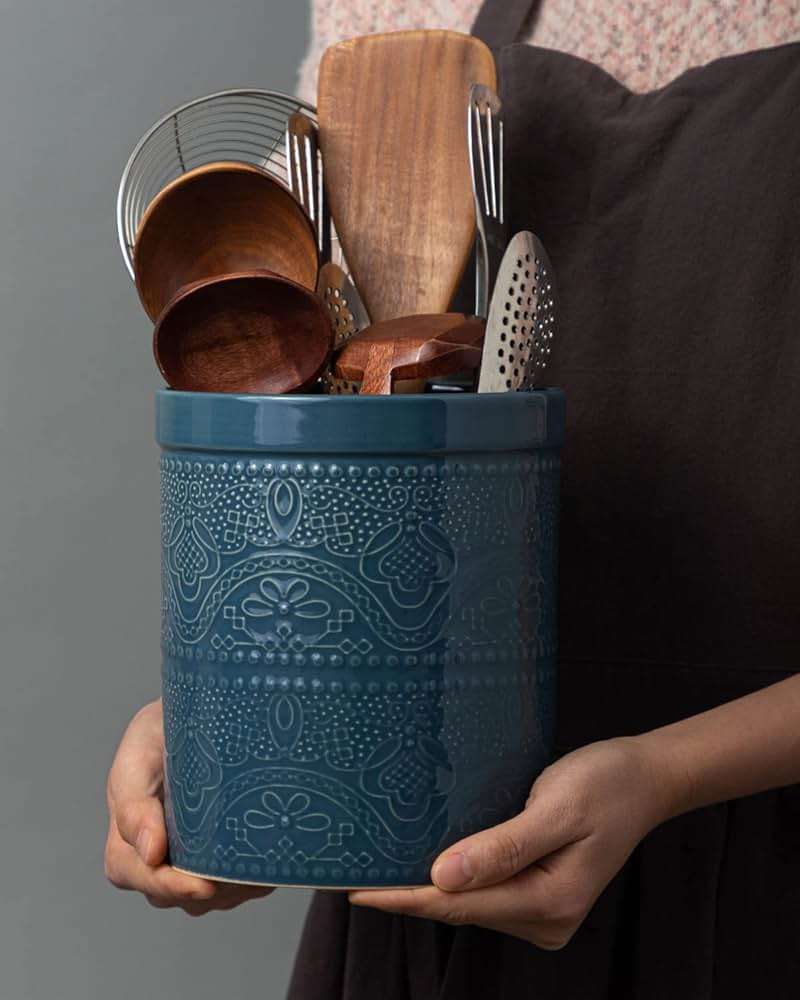 FUN ELEMENTS Kitchen Utensil Holder, 7.2" Super Large Utensil Crock Heavy and Stable Lace Emboss Ceramic Utensil Holder for Kitchen Counter (Grayish Blue) - Image 6