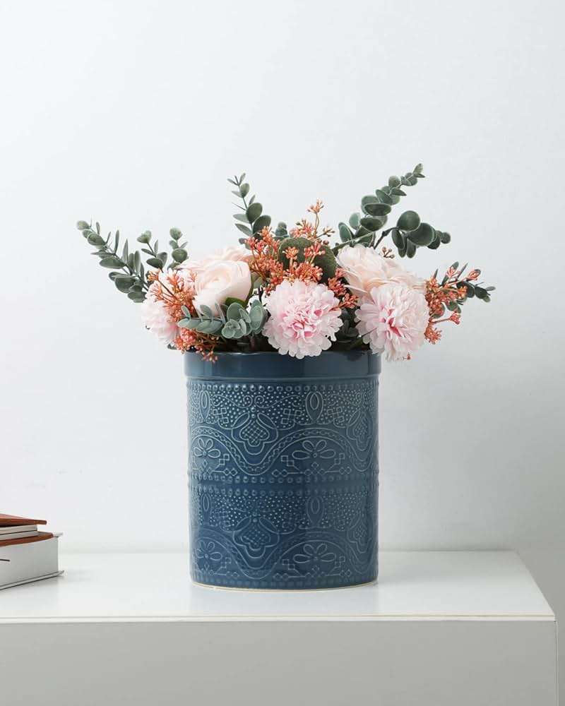 FUN ELEMENTS Kitchen Utensil Holder, 7.2" Super Large Utensil Crock Heavy and Stable Lace Emboss Ceramic Utensil Holder for Kitchen Counter (Grayish Blue) - Image 7