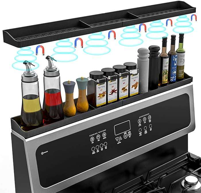Magnetic Stove Top Shelf, Over the Stove Shelf Spice Rack & Spice Organizer – 30" Heat Resistant Silicone Stove Shelf, No Drill Kitchen Storage Organizer for Gas/Electric Stoves & Small Kitchens - Image 1