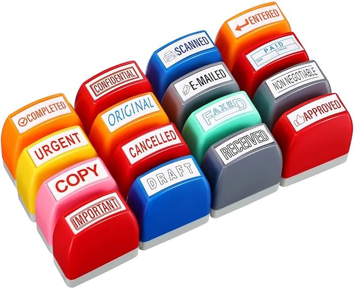 Crtiin 16 Pcs Office Stamp Set Message Self Inking Rubber Stamp Set for Office Stamps Completed Faxed Scanned Stamps for Message Supplies(Mixed Colors) - Product Image