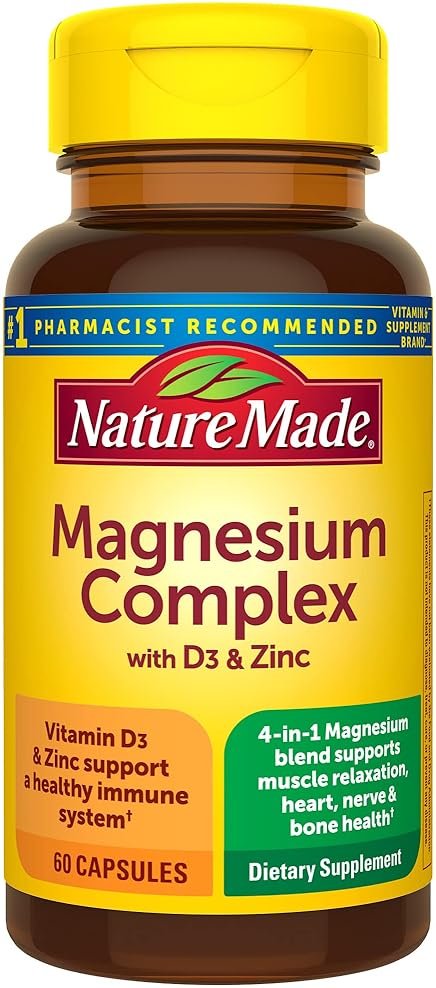 Nature Made Magnesium Complex Supplement with Vitamin D & Zinc for Immune Support, Magnesium Glycinate, Malate, Citrate & Oxide for Muscle, Nerve, Heart & Bone Support, 60 Capsules, 30 Day Supply - Product Image