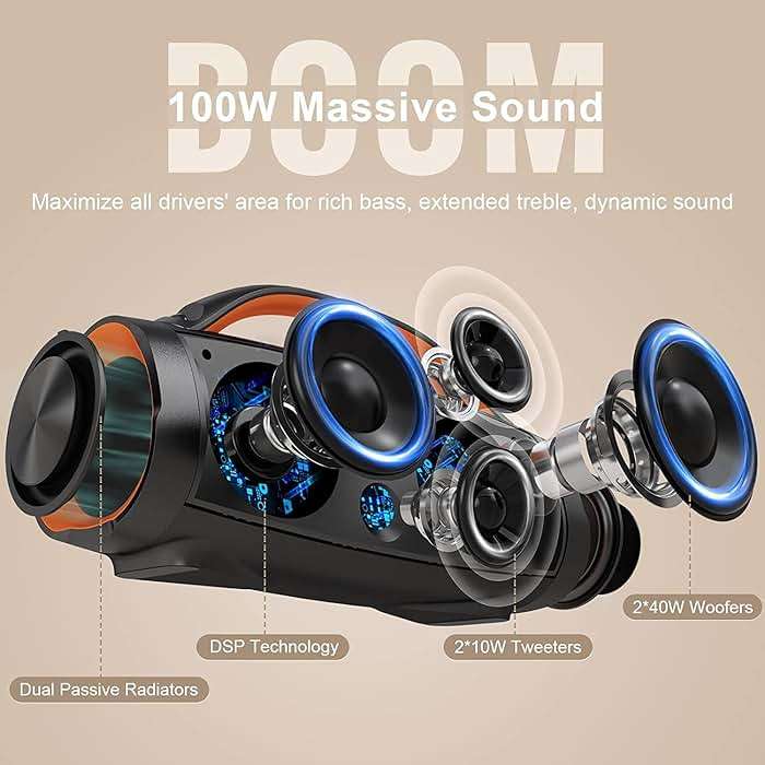 DOSS Extreme Boom Pro 100W Loud Outdoor Speaker, 2+2 Channel, IPX6 Waterproof, Bluetooth 5.3, 20H Playtime, Dynamic Lights, Portable Speaker for Camping, Beach, Pool, Working Outside - Orange - Image 2
