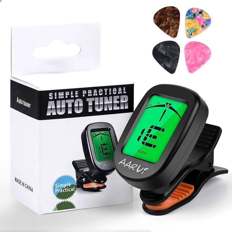 AARVI Guitar Tuner Clip On - 360° Rotating LCD Display for All Instruments, Acoustic/Electric Guitar, Ukulele, Bass, Violin, Banjo - Chromatic Tuner with Auto-Off + 4 Guitar Picks - Image 1