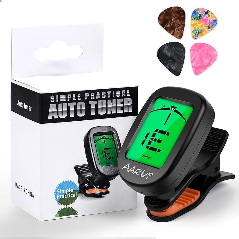 AARVI Guitar Tuner Clip On - 360° Rotating LCD Display for All Instruments, Acoustic/Electric Guitar, Ukulele, Bass, Violin, Banjo - Chromatic Tuner with Auto-Off + 4 Guitar Picks - Product Image