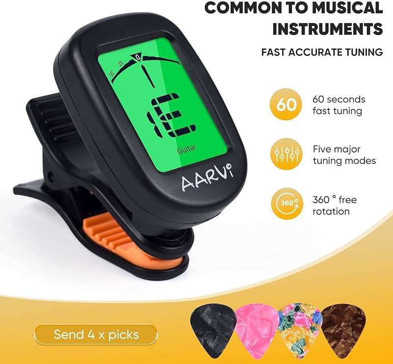 AARVI Guitar Tuner Clip On - 360° Rotating LCD Display for All Instruments, Acoustic/Electric Guitar, Ukulele, Bass, Violin, Banjo - Chromatic Tuner with Auto-Off + 4 Guitar Picks - Image 2