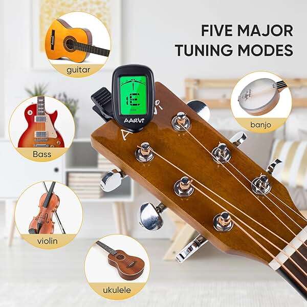 AARVI Guitar Tuner Clip On - 360° Rotating LCD Display for All Instruments, Acoustic/Electric Guitar, Ukulele, Bass, Violin, Banjo - Chromatic Tuner with Auto-Off + 4 Guitar Picks - Image 3