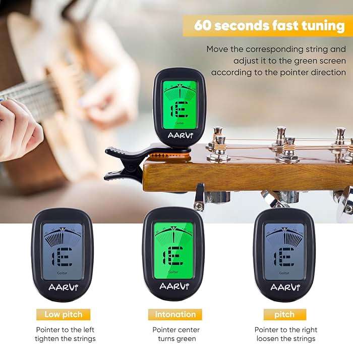 AARVI Guitar Tuner Clip On - 360° Rotating LCD Display for All Instruments, Acoustic/Electric Guitar, Ukulele, Bass, Violin, Banjo - Chromatic Tuner with Auto-Off + 4 Guitar Picks - Image 4