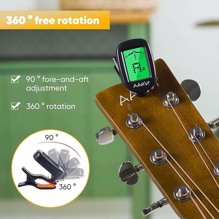 AARVI Guitar Tuner Clip On - 360° Rotating LCD Display for All Instruments, Acoustic/Electric Guitar, Ukulele, Bass, Violin, Banjo - Chromatic Tuner with Auto-Off + 4 Guitar Picks - Image 5