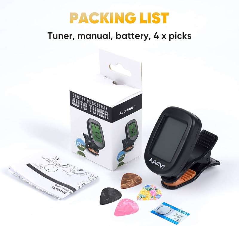 AARVI Guitar Tuner Clip On - 360° Rotating LCD Display for All Instruments, Acoustic/Electric Guitar, Ukulele, Bass, Violin, Banjo - Chromatic Tuner with Auto-Off + 4 Guitar Picks - Image 7
