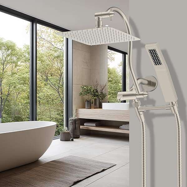Hibbent All Metal cUPC Certified Shower Head, 10'' High Pressure Rainfall Showerhead Combo, Handheld Shower Wand, 12'' Adjustable Extension Arm, 4-Spray, 71'' Hose, Shower Holder, Brushed Nickel - Image 2