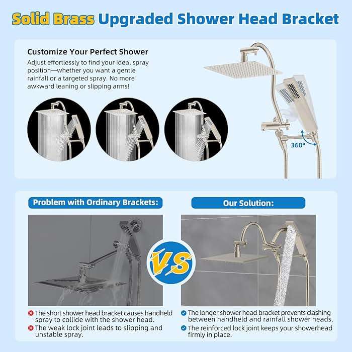 Hibbent All Metal cUPC Certified Shower Head, 10'' High Pressure Rainfall Showerhead Combo, Handheld Shower Wand, 12'' Adjustable Extension Arm, 4-Spray, 71'' Hose, Shower Holder, Brushed Nickel - Image 4