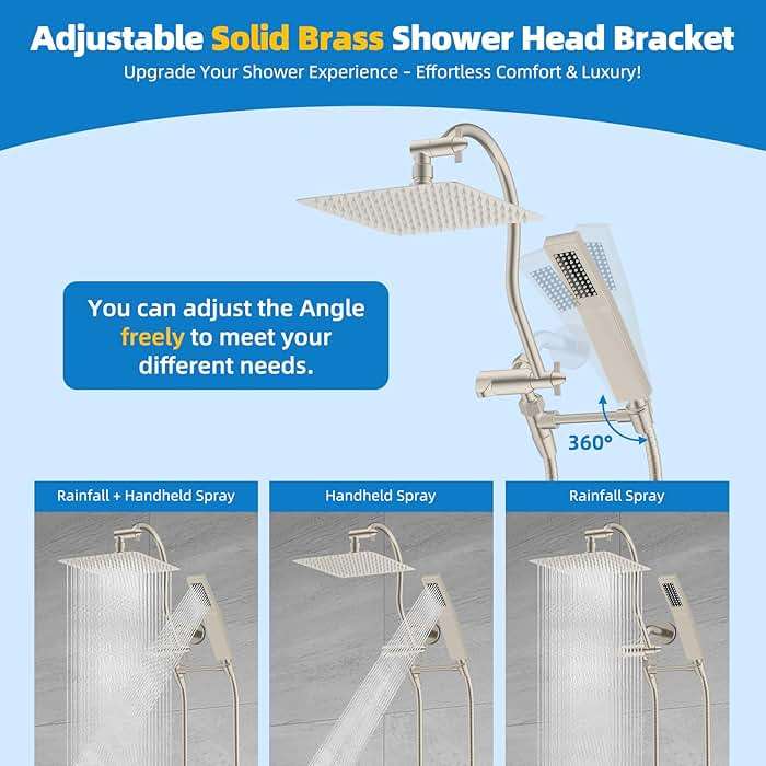 Hibbent All Metal cUPC Certified Shower Head, 10'' High Pressure Rainfall Showerhead Combo, Handheld Shower Wand, 12'' Adjustable Extension Arm, 4-Spray, 71'' Hose, Shower Holder, Brushed Nickel - Image 8