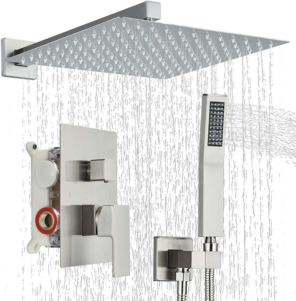 Ackwave Shower Faucet Set Brushed Nickel Shower System with 12 Inches Rain Shower Head and Handheld Sprayer Wall Mounted Shower Fixture Set with Brass Shower Valve - Image 1