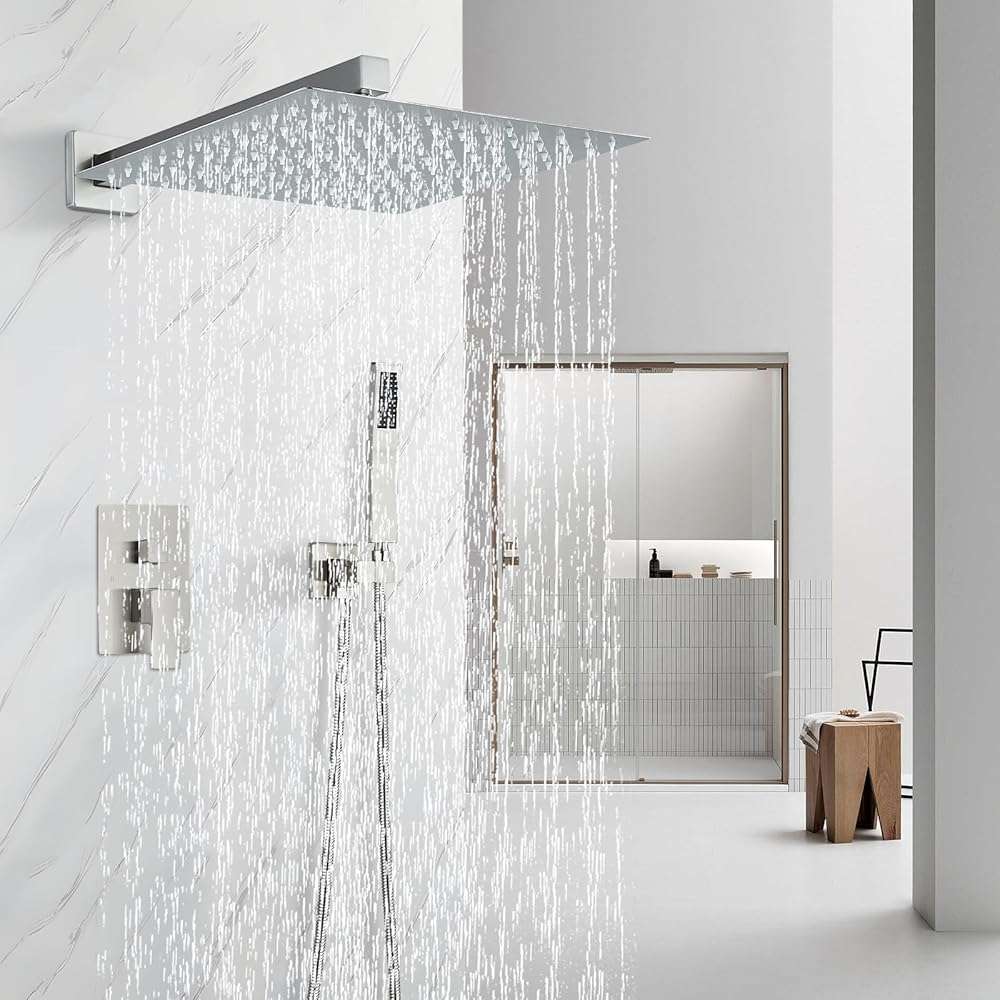 Ackwave Shower Faucet Set Brushed Nickel Shower System with 12 Inches Rain Shower Head and Handheld Sprayer Wall Mounted Shower Fixture Set with Brass Shower Valve - Image 2