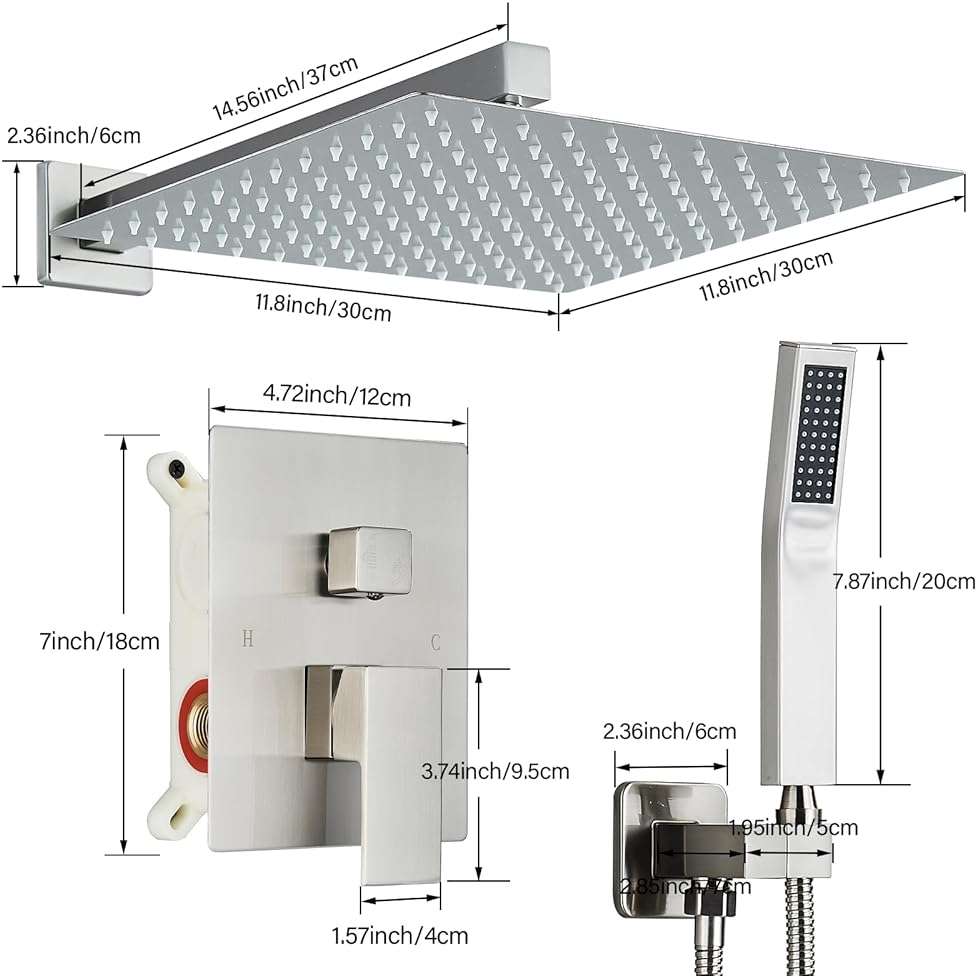 Ackwave Shower Faucet Set Brushed Nickel Shower System with 12 Inches Rain Shower Head and Handheld Sprayer Wall Mounted Shower Fixture Set with Brass Shower Valve - Image 3