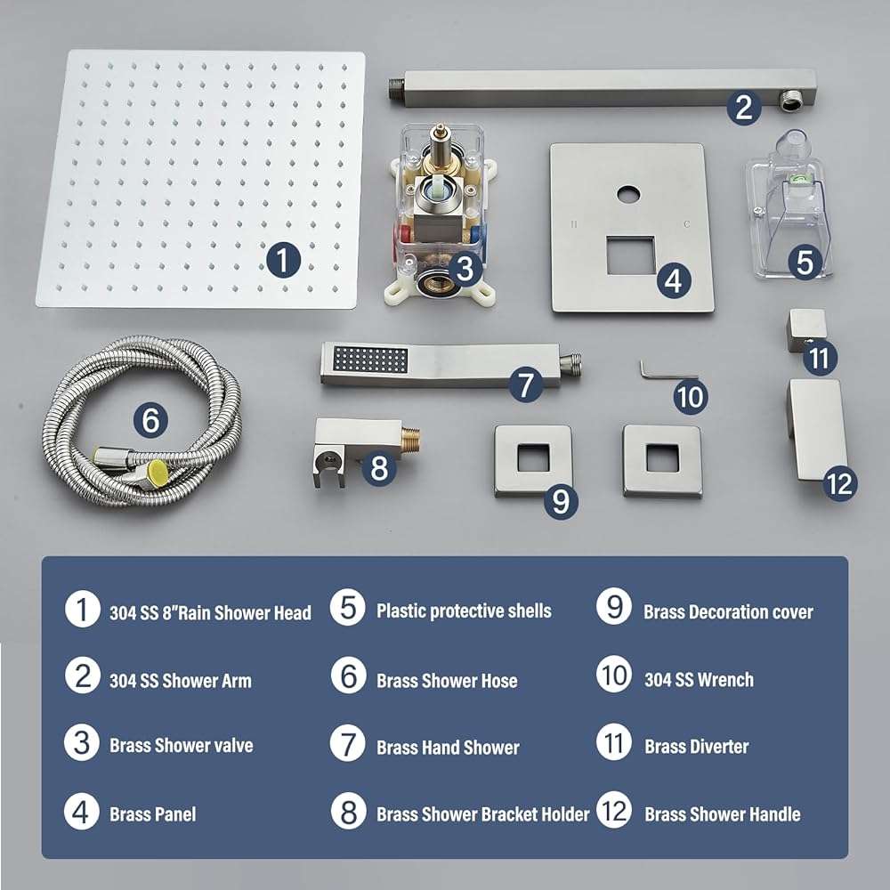 Ackwave Shower Faucet Set Brushed Nickel Shower System with 12 Inches Rain Shower Head and Handheld Sprayer Wall Mounted Shower Fixture Set with Brass Shower Valve - Image 8
