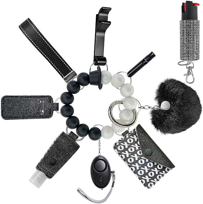 Auxu Keychain Set for Women and Girls Includes Beaded Wristlet, Pom Pom, Credit Card Puller and Personal Alarm - Image 1