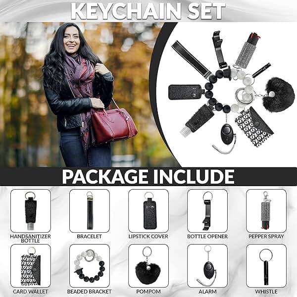 Auxu Keychain Set for Women and Girls Includes Beaded Wristlet, Pom Pom, Credit Card Puller and Personal Alarm - Image 2