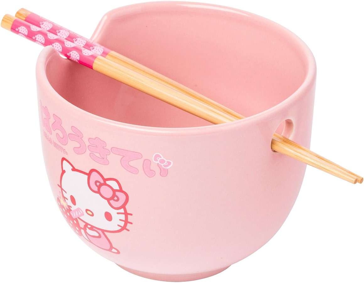Silver Buffalo Sanrio Hello Kitty Strawberry Milk Japanese Character Ceramic Ramen Noodle Rice Bowl with Chopsticks, Microwave Safe, Pink, 20 Ounces - Image 1