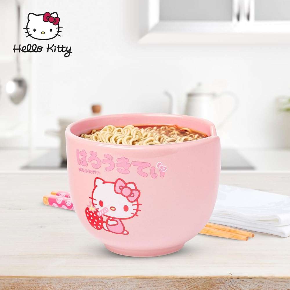 Silver Buffalo Sanrio Hello Kitty Strawberry Milk Japanese Character Ceramic Ramen Noodle Rice Bowl with Chopsticks, Microwave Safe, Pink, 20 Ounces - Image 2