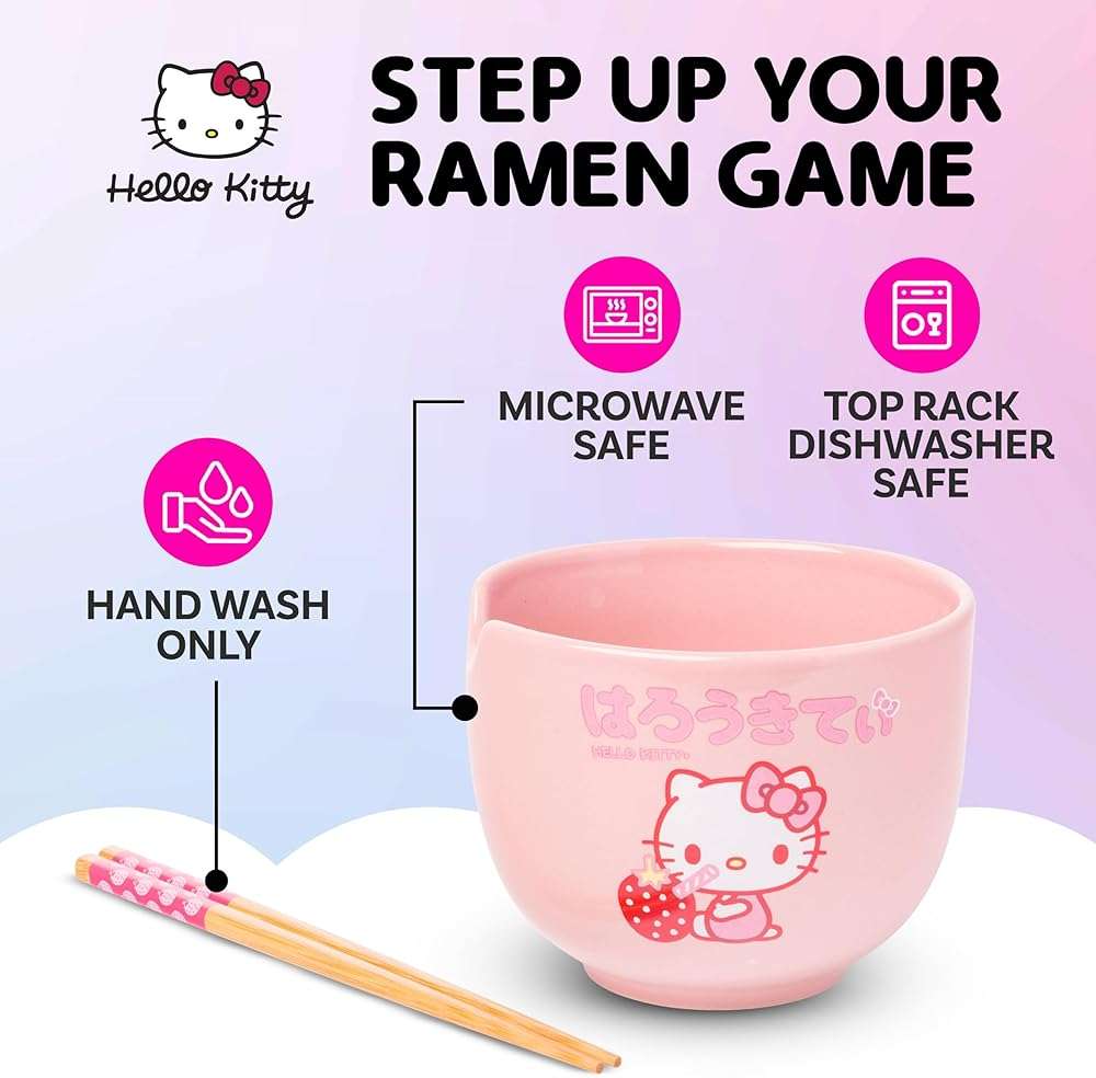 Silver Buffalo Sanrio Hello Kitty Strawberry Milk Japanese Character Ceramic Ramen Noodle Rice Bowl with Chopsticks, Microwave Safe, Pink, 20 Ounces - Image 3