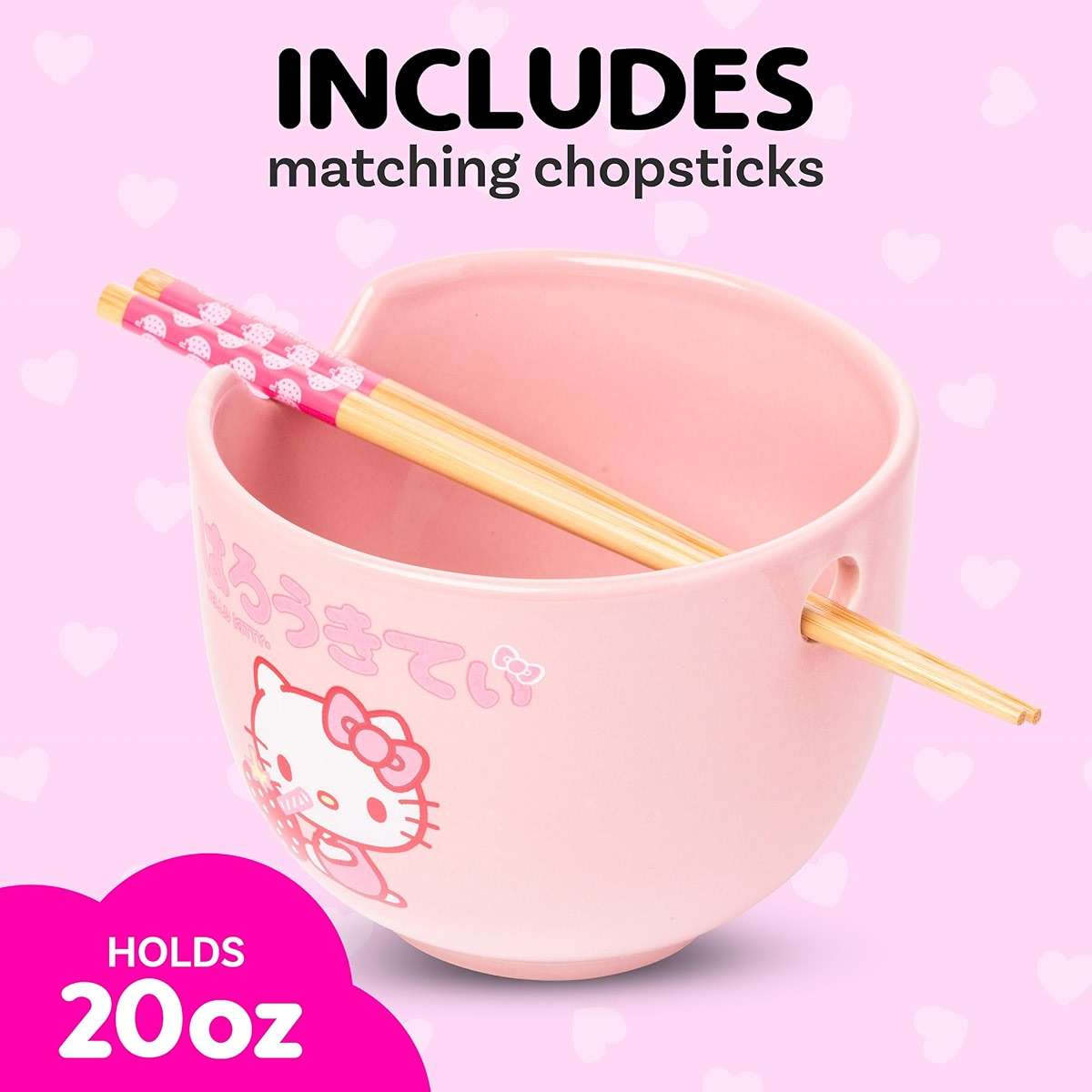 Silver Buffalo Sanrio Hello Kitty Strawberry Milk Japanese Character Ceramic Ramen Noodle Rice Bowl with Chopsticks, Microwave Safe, Pink, 20 Ounces - Image 4