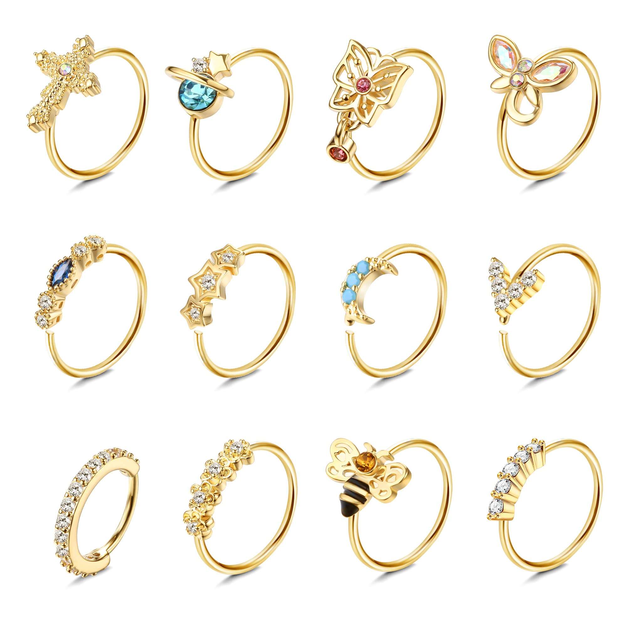 Dochais 12PCS Nose Rings Hoop 20G Nose Rings for Women Surgical Stainless Steel Nose Piercing Dangle Nose Ring Cartilage Earring Jewelry - Image 1