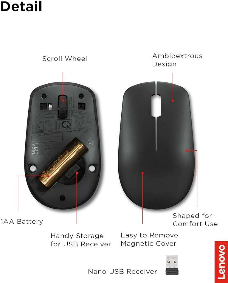 Lenovo 530 Wireless Mouse – Full Size Computer Mouse for PC, Laptop, Windows Computer - 2.4 GHz Nano USB Receiver - Ambidextrous Design - 12 Months Battery Life – Cordless - Image 6