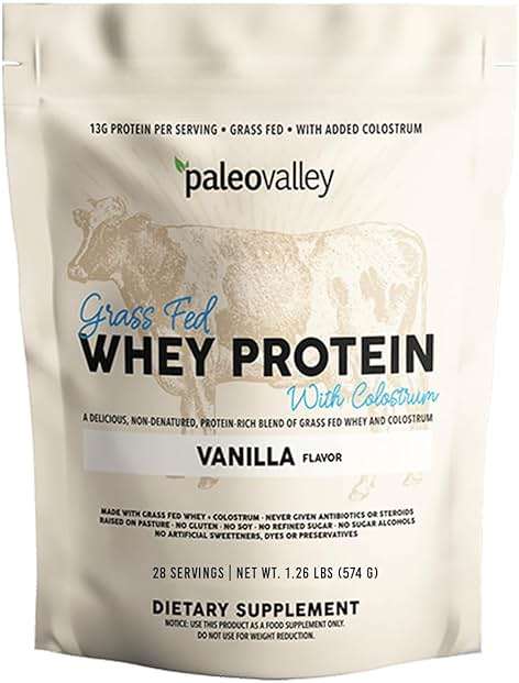 Paleovalley 100% Grassfed Whey Protein Powder with Colostrum, 30 Serving - Vanilla, 13g Protein, Muscle Building, Immune Support, Gut Health - Image 1