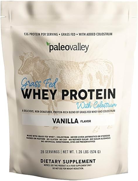 Paleovalley 100% Grassfed Whey Protein Powder with Colostrum, 30 Serving - Vanilla, 13g Protein, Muscle Building, Immune Support, Gut Health - Product Image