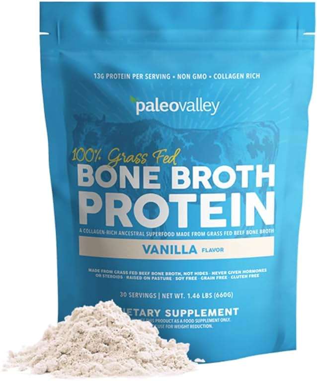 Paleovalley 100% Grass Fed Beef Bone Broth Protein Powder - Rich in Collagen Peptides for Hair, Skin, Gut Health, Bone and Joint Support - 13g Protein Per Serving - No Gluten or GMOs - Vanilla - Image 1