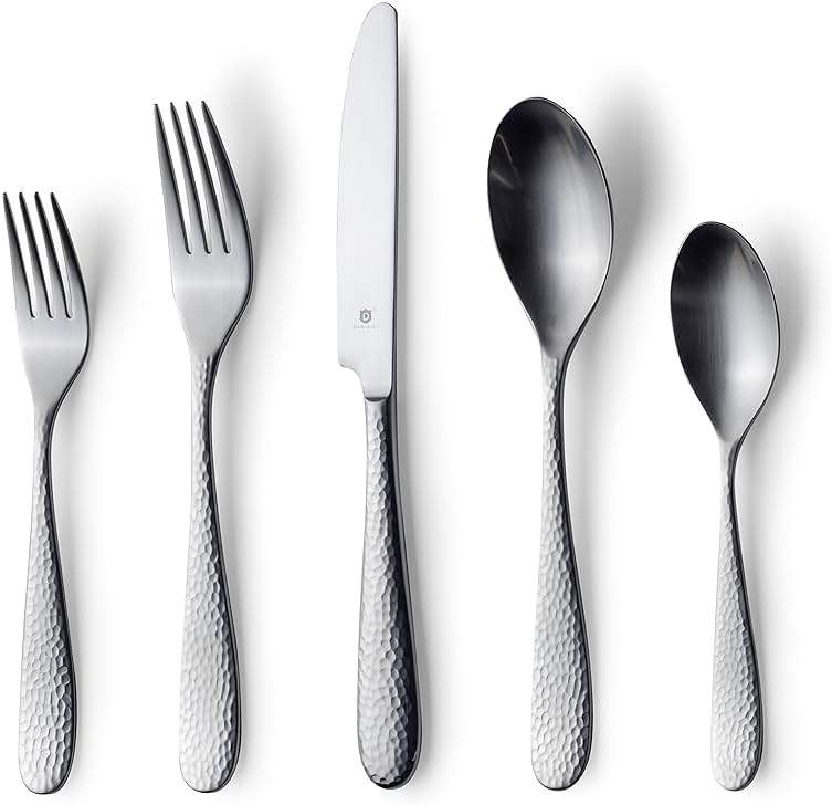 Danialli Matte Silverware Set, 18/10 Stainless Steel Satin Flatware, Modern Brushed Finish Cutlery, Dishwasher Safe & Durable, Built to Last (60-Piece, Fidenza Hammered) - Image 1