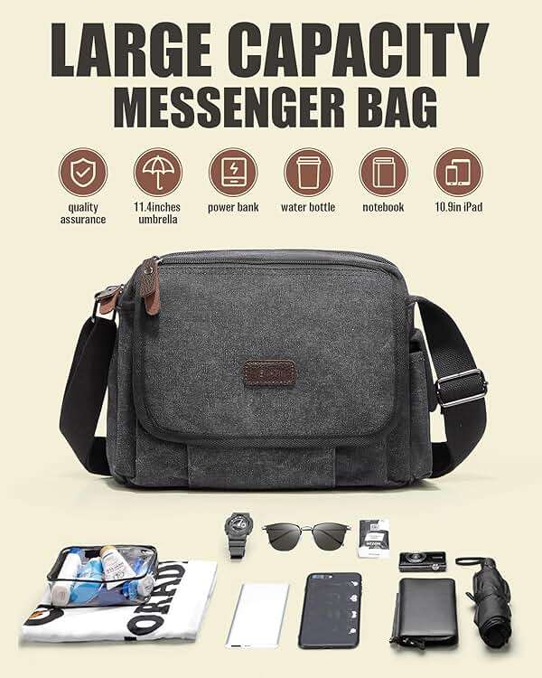 Messenger Bag for Men, Crossbody Bag Aesthetic, Water Resistant Unisex Classic Canvas Shoulder Bag - Image 4