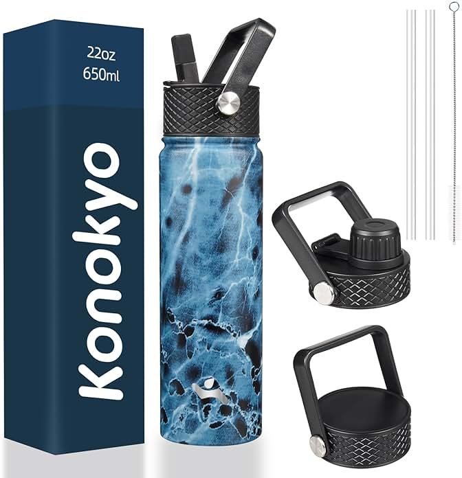 Konokyo 22oz Stainless Steel Bottles with 3 Lids Sport Insulated Water Bottle,Marble Ocean - Product Image